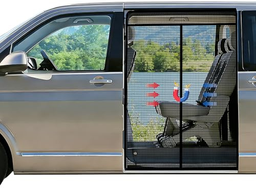 Magnetic Sliding Door Mosquito Net for VW T5 T6 - Soft Fabric Fly Screen with Center Zipper - Breathable Sun Shade Mesh for Van Life Camping