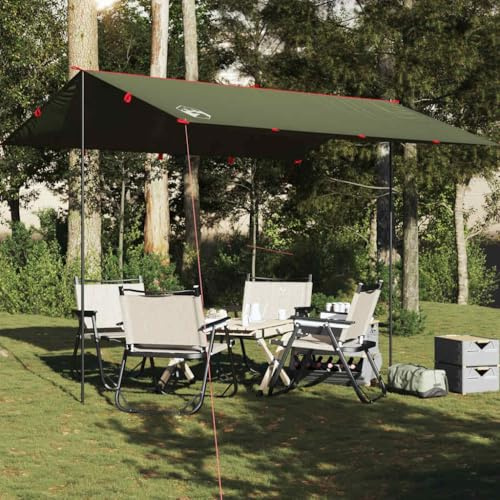 Olivgrün Tarp, 366x306 cm Wasserdicht Camping Zeltplane, 185T Polyester mit PU-Beschichtung, Tragbar Outdoor Ausrüstung für Trekking, Strand, Regenschutz & Sonnenschutz