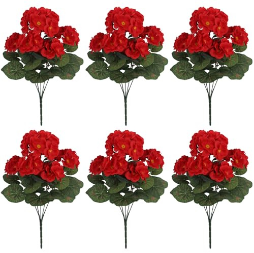 Wilafury 6 pacchi di fiori artificiali per esterno, realistici fiori di seta rosso geranio con pieni per decorazioni per fioriere sospese per interni ed esterni, portico, rosso