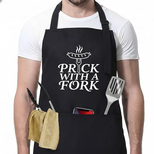 ZJEEACO BBQ Apron Gifts for Men, Funny Cooking Apron with Pockets, Personalised Kitchen Aprons for Outdoor Grilling Accessories, Ideal Christmas Unusual Presents for Dad Grandad Husband (FORK)