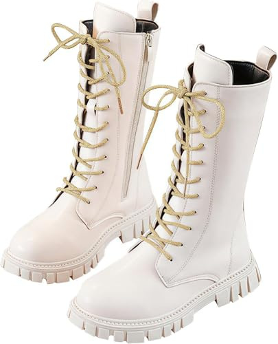 Girls Combat Boots Mid Calf Zipper Lace Up Classic Fashion Kids Winter School Shoes Teen Girl PU Leather Punk Goth Cowgirl Boot