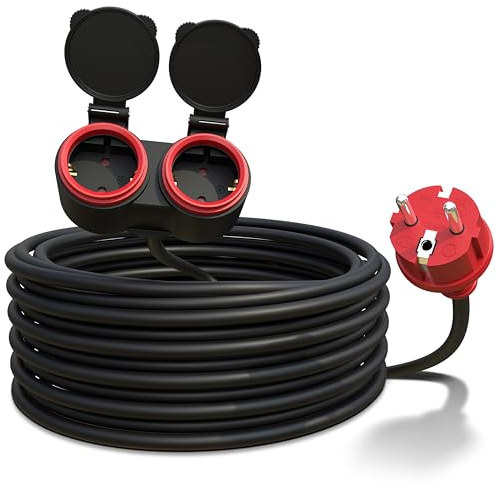 Poppstar Rallonge Electrique exterieure 10m, Double Prise Schuko 2 Sorties, IP44, 16A/3680W, H05RR-F 3G1,5, Noir/Rouge