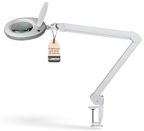 Lumeno 7215GR LED Magnifying lamp, 127 mm Glass Lens, 950 Lumen, 5 diopters, Workstation & Cosmetic lamp, for Beauty Salon, hobbyist, as Reading aid, Magnifying Glass with Table clamp