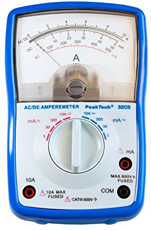 PeakTech P 3203 Analog Amperemeter; Cat III 600V; Max. 10A AC/DC; 5mA/ 50mA/ 500mA/ 10A AC DC; analoges Instrument, 1 Stück
