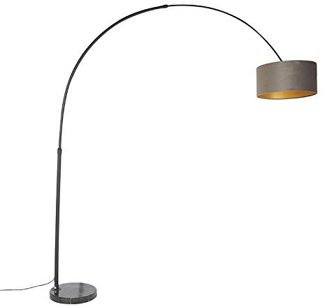 QAZQA - Modern Bogenleuchte I Bogenlampe I Lampe I Leuchte schwarz mit Samtlampenschirm Taupe mit Gold I Messing 50 cm - XXL I Wohnzimmer I Schlafzimmer - Stahl Länglich I Zylinder I Rund - LED geeign