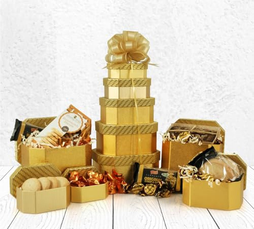 Cookies & Cake Hamper Tower - 5-Tier Gift Tower - Reusable Golden Gift Boxes Packed with Treats & Hand Tied with Ribbon