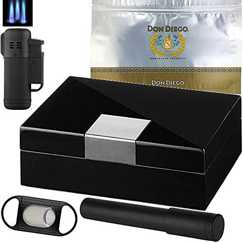 Sepilo Zigarren Humidor Set Kara - Humidor aussen Pianolack innen Zeder Polymerbefeuchter und Hygrometer magnetisch frei positionierbar inkl. Cutter Tube 2-Flammen Jet Feuerzeug