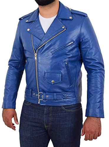 Chaqueta de piel de vaca auténtica para motociclista, resistente, color azul Azul azul L