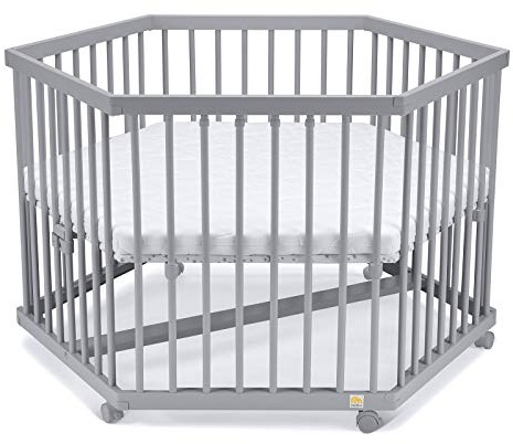 FabiMax Baby Laufgitter 6-eck Grau lackiert, stufenlos höhenverstellbar, mit Schlupfsprossen, Laufstall aus massivem Buchenholz (Matratze Classic)