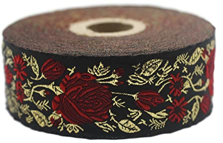 10.9 Yard spole 50mm Röd-Svart Blommor Motiv Jacquard bård vävda band jacquardborte kostymbård broderi