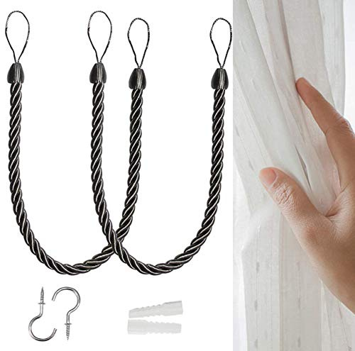 2 Fermatende per Tende, Corda per Tende con Fermatenda Fatti a Mano, in Cotone Naturale Lavorato a Maglia, Fermatende per Tende Trasparenti e Oscuranti in Corda di Cotone (Nero)