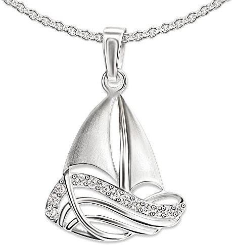 CLEVER SCHMUCK Collana da donna marittima, barca a vela, 15 mm, con zirconi e catena Erbs, 45 cm, in argento 925 stering, Argento sterling, Zirconia cubica
