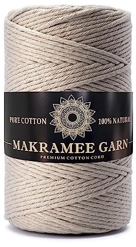 Makramee Garn. Baumwollgarn Kordel. 100% Natur Baumwoll-Kordel. Perfekt für Basteln, DIY, Handwerk & Stricken. 100% Natur Baumwollgarn, Dicke Macrame Cord (Beige, 5mm/100m)