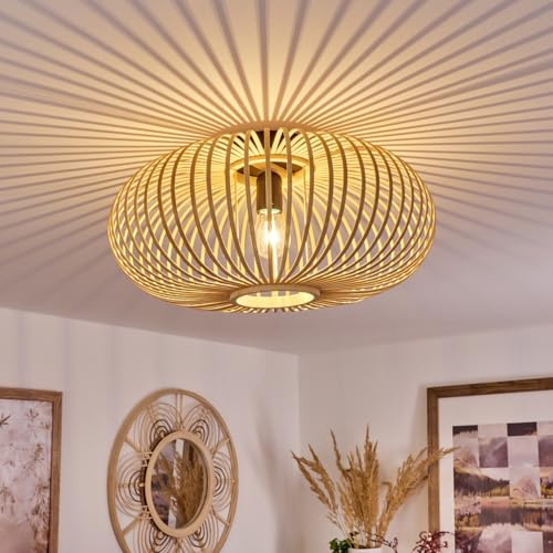 HOFSTEIN Deckenleuchte Oravi, Deckenlampe aus Metall/Holz/Bambus in Schwarz/Natur, Leuchte im Boho/skandinavischen-Design mit tollem Lichteffekt, Ø 45 cm, E27, Wohnzimmer, Esszimmer, Schlafzimmer
