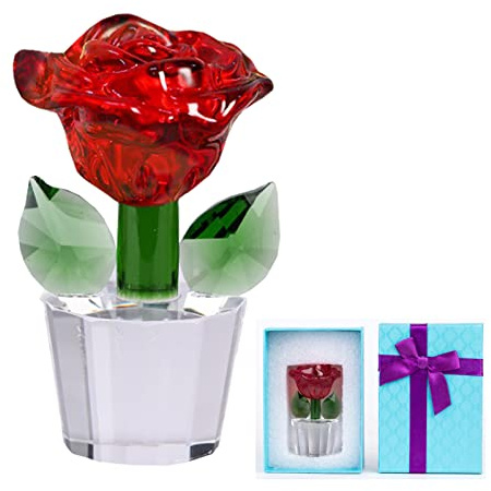Crystal Rose Figurine Ornament Glass Flower Ornament 3.54’’ Crystal Flowers Collectible Figurines Rose Paperweight Gift for Mum on Mother's Day Valentines Day Christmas Birthday Gifts for Her