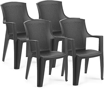duehome Pack de 4 Sillas Apilables Exterior, Sillas Polipropileno, Sillas Outdoor, Modelo Pacific, Acabado en Antracita, Medidas: 60 cm (Ancho) x 55 cm (Largo) x 91 cm (Alto)