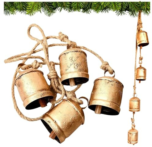 Rustic Decorative Cow Bells 4-Bell Cluster Christmas Bell Shabby Chic Vintage Harmony Cowbell Brass Coated Country Jute Rope Hanging Gold Bells (4pc Cluster 10cm)