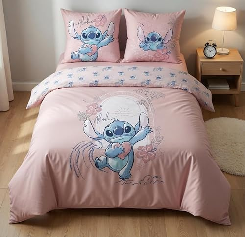 Parure de Lit Double Stitch Rose 2 Personnes, 100% Coton, Housse de Couette 240x220 cm + 2 Taies d'Oreiller 65x65 cm, Design Aloha Disney Officiel
