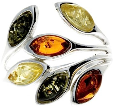 SilverAmber Jewellery - Anello di design in argento sterling 925 e ambra baltica con molte pietre - M723, K, Argento, Ambra