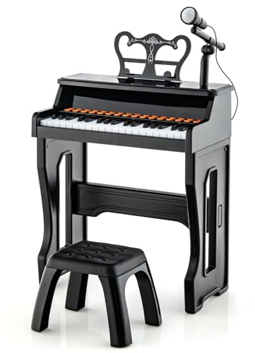 COSTWAY 37-Key Kids Piano, Toddler Electronic Keyboard with Stool, Adjustable Microphone, Music Stand, MP3, Recording and Play Function, Musical Instrument Toy Gift for Boys Girls (Black)