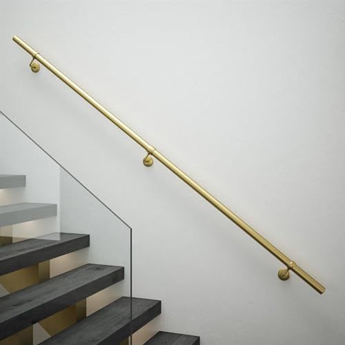 Rothley Satin Brass Stair Hand Rail Kit 2.4M - Internal Staircase Steel Banniser | Includes brackets, shallow end caps, and wall plugs for simple, drill-free tube installation on internal staircases.