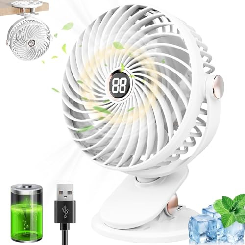 Ventilatore da Tavolo, Mini Ventilatore USB con Display LCD, 5 Velocità 720° Rotante, 6000mAh Piccolo Ventilatore Portatile Ricaricabile, Ventilatore Clip per Ufficio Casa Campeggio Viaggio(Bianco)
