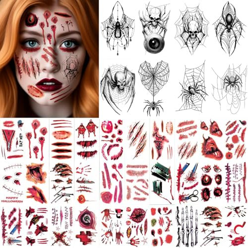 38 Blatt Halloween Tattoos, 3D Wunden Narben Spinnen Fake Blut Tattoo, Horror Halloween Kostüm Damen Herren Gesicht Aufkleber, Zombie Vampir Teufel Kostüm Kinder Erwachsene Gruselig Kunstblut Sticker