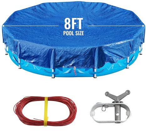 12Ft Pool Cover for(8Ft) Above Ground Pool,Heavy Duty Above Ground Pool Cover Includes Winch and Cable,Winter Pool Cover Strength&Durability,UV Protection, Blue/Black(Cover Only)