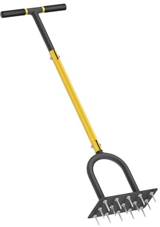 Rasenlüfter Aerifizierer für Rasen mit 16 Stahlspikes, T-Griff Manuelle Rasenbelüfter Handvertikutierer, Gras Belüfter Werkzeuge für Verdichteten Boden, Bodenbelüftung und Rasenpflege