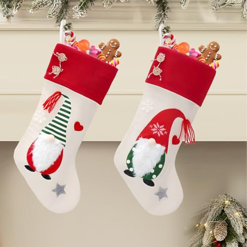 2 Groß Nikolausstiefel, Weihnachtssocken mit Plüsch Wichtel, Weihnachtsstrümpfe als Weihnachtsdeko, Weihnachtsstrumpf Personalisiert, Nikolaussocken zum Befüllen, 45 * 25cm