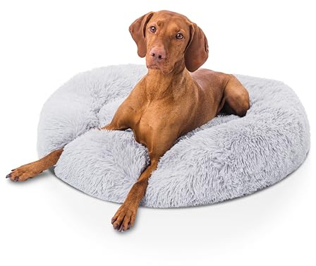 Woof & Whiskers Donut-Hundebett, groß, hellgrau, 80 cm, Donut-Betten, beruhigender Hundekorb, rund, Plüsch, großes Donut-Bett mit rutschfester Unterseite, Anti-Angst-Eigenschaften, maschinenwaschbar