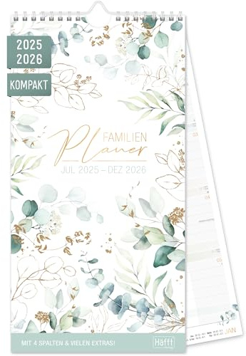 Häfft® Familienkalender 2025/2026 mit 4 Spalten Blattgold Wandkalender (16,6 x 32,3 cm) für 18 Monate Jul 25 - Dez 26, Wandplaner, Familienplaner - nachhaltig & klimafreundlich