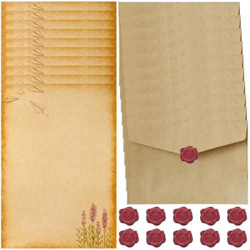 Vintage Carta da Lettere con Busta, Carta da Lettere Decorata Busta Kraft, 10 Buste di Carta Vintage, 16 Carta Vintage Carta da Lettere e 10 Adesivo Sigilli di Cera, per Scrivere e Disegni (Style D)