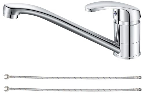Wasserhahn Küche, Chrom Küchenarmatur mit Einhebelmischer, Keramikkartusche und 360° Drehbarer Edelstahl Spültischarmatur, Schnellmontage mit 60cm Kalt-/Warmwasserschlauch