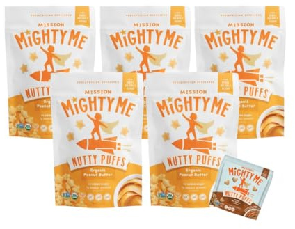 Mission Mighty Me Nutty Puffs Organic Peanut Butter Puffs for Babies + Kids - Pediatrician Developed, Plant-Based Gluten-Free Baby Snack - Peanut, and Tree Nut (6 Pack - 5 Pack Plus Mixed Nut Sample)