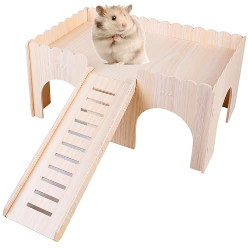 BAIFULAI Casa para cobayas con rampa, 4 entradas, 38 x 25 x 18 cm, grande, hámster, casa, juguete de madera, conejillo de indias, accesorios