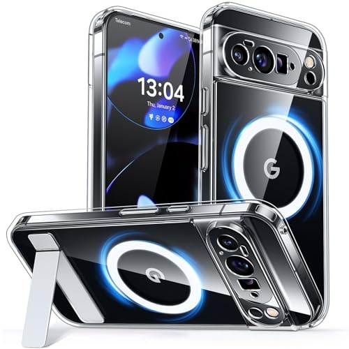 CANSHN Magnetica Cover per Google Pixel 10 Pro con Cavalletto(6.3 Pollici), [Compatibile con MagSafe] Custodia Protettiva Antiurto per Telefono con Airbag,Trasparente