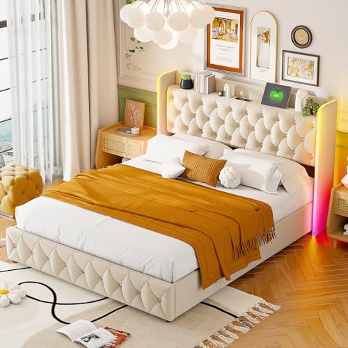 Henunem Lit Coffre 140 x 200 cm, lit Rembourré avec Espace de Rangement et Alampe de Lecture avec Fonction de Charge,Cadre de lit 140x200,pour Adolescents et Adultes, Velours (140x200 cm)