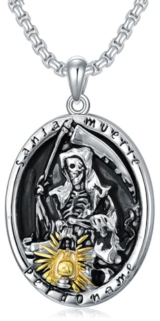 WSX Santa Muerte Halskette für Männer Jungen 925 Sterling Silber Sensenmann und Sichel Totenkopf Anhänger mit Kette Heiliger Heiliger Tod Charm Punk Weihnachten Graduierung Geschenke Für Ehemann
