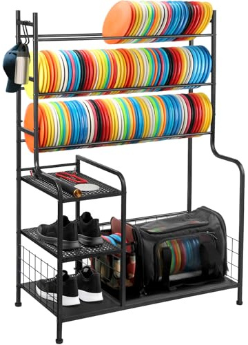 HIAARO Disc Golf Storage Rack, Large Capacity Metal Organizer with Hooks for Sports Equipment, Holds 140+ Discs