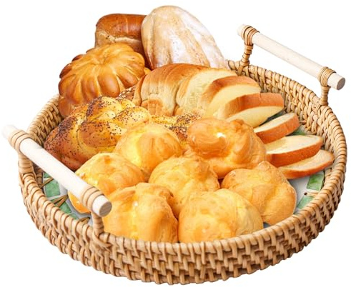 Rattan Serviertablett Handgewebt mit Griffen im Boho Stil, deko tablett rund Aufbewahrungsplatten mit Muschel, Gewebtes Korbtablett für Frühstück Desserts Früchte Kerzen, 24x3cm