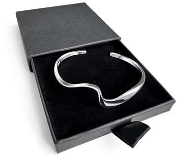 925 Sterling Silver Wave Bangle Bracelet for Women – Adjustable Silver Bracelet, Polished Torque Bangle in Gift Box