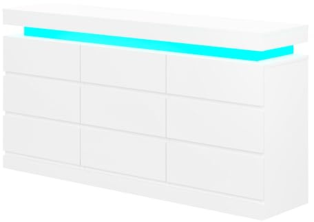 6/9 Drawers Wooden Chest of Drawers with LED Lights, Wide Lateral Dresser Cabinet No Handle Sleek Design Clothes Storage Organiser Unit Bedroom Furniture (White, 9 Drawers)
