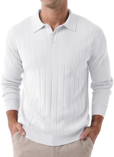 Hisir Suéter tipo polo de manga larga para hombre, suéter de punto de invierno, ajuste regular, casual, clásico, con rayas verticales
