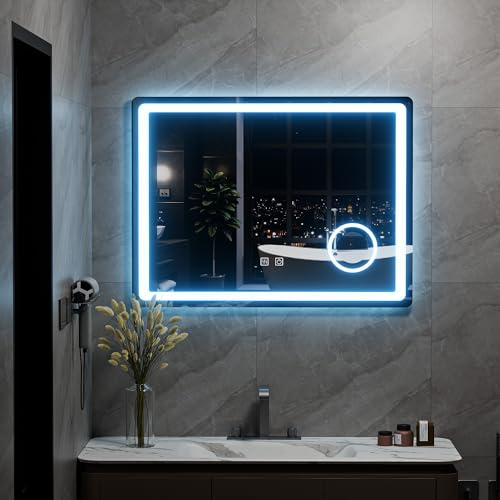 Ztexkee Miroir Salle de Bain avec Eclairage et Fonction Antibuée 80x60 cm Rectangulaire Miroir avec Réglable LED et Grossissant 10X