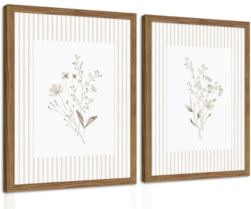 Neutral Wildflower Wall Art Set of 2, Vintage Flower Botanical Wall Decor Painting, Rustic Cottagecore Striped Floral Prints Pictures for Living Room Bedroom 12x16 Inch Framed