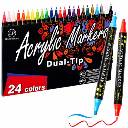 Creativity Point 24 Acrylic Paint Pens for Adults, Teens, Kids | For Fabric, Rock, Wood, Glass, Easter Decoration & Crafts, Dual Tip (Dot & Fine), Paint Markers, Art Supplies