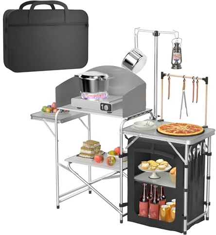 TATIVALO Klappbare Campingküche Aluminium, Tragbare Outdoor Küchentisch mit 3 Arbeitsflächen, Windschutz & Lampenhalter, Campingschrank für Picknick Camping, Silber