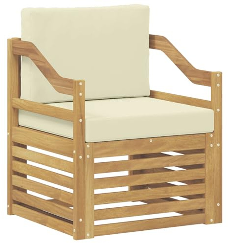 Qnhdfrt Outdoor-Sofa aus Akazienholz, 1-Sitzer Gartensofa mit Kissen in Weiß und Creme, Wetterfestes Lounge-Sofa Modul für Garten, Terrasse und Balkon, 37cm Sitzhöhe