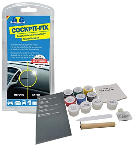 ATG Armaturenbrett Reparaturset - Reparatur für Kunststoff Auto Cockpit | Auto Innenraum Reparatur von Rissen & Löchern, Set inkl. 7 Farbpasten für 56 Farbtöne, Strukturpapier & Armaturenbrett